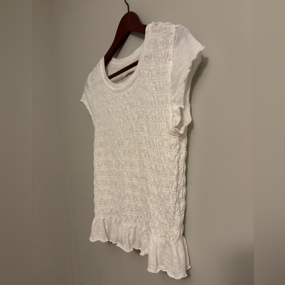 Free People Soft White Large Fitted Top Cotton, Semi Smocked Curly Detail Dreamy